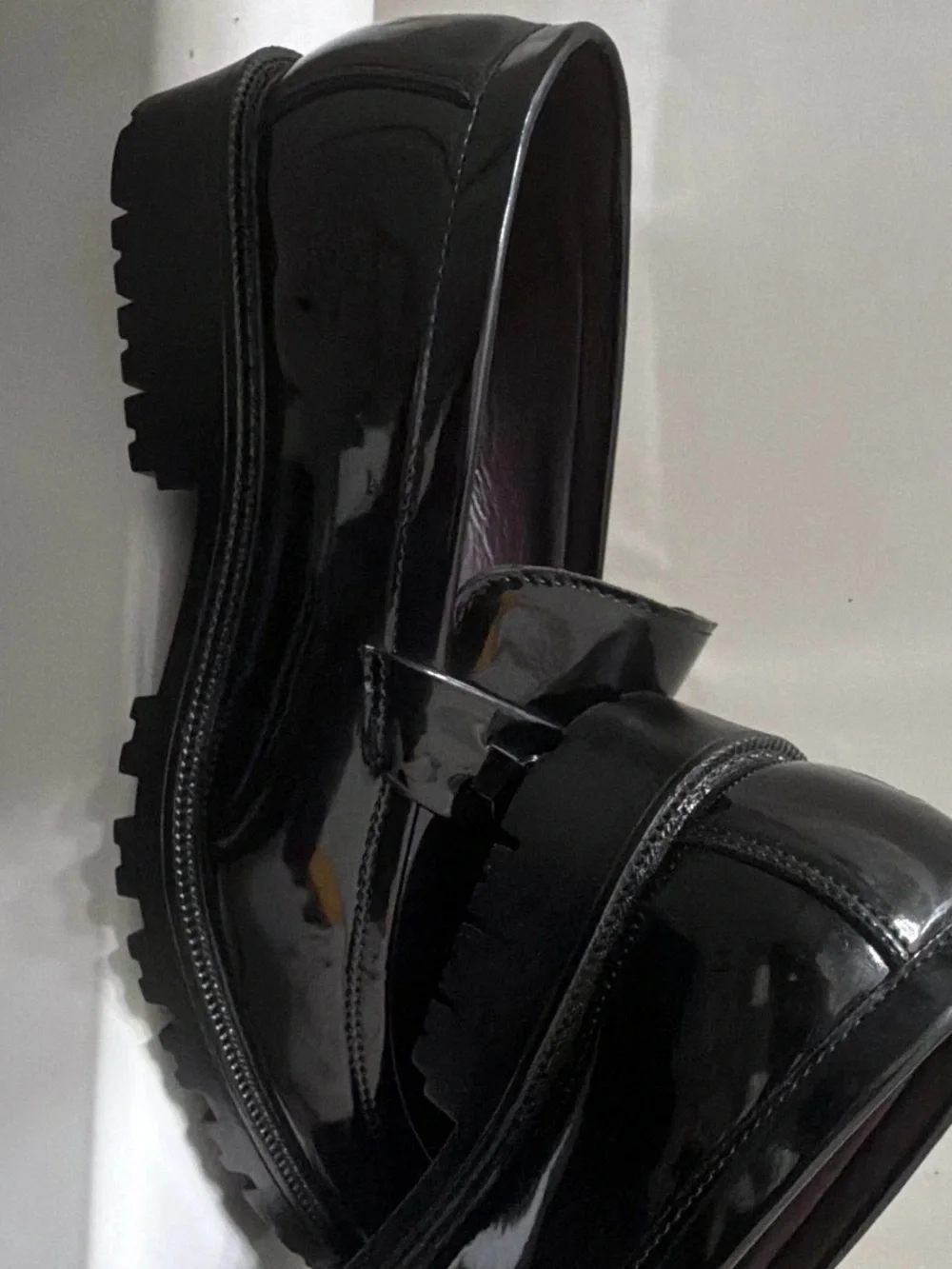Patent Leather Lug Sole Loafers in Black